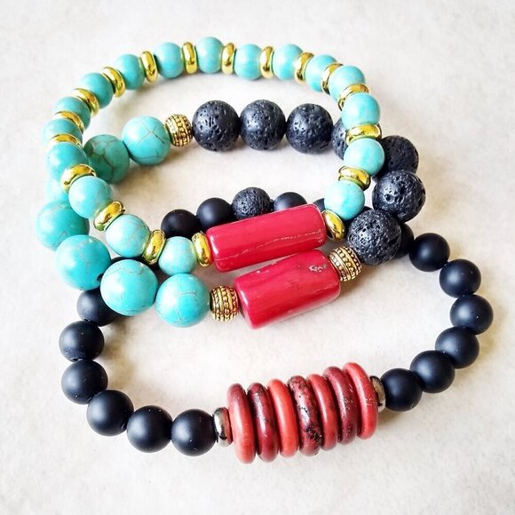 Sexy Stretch Bracelet: Red Coral + Turquoise Howlite + Black Lava Rock Beads - Picture 5 of 7